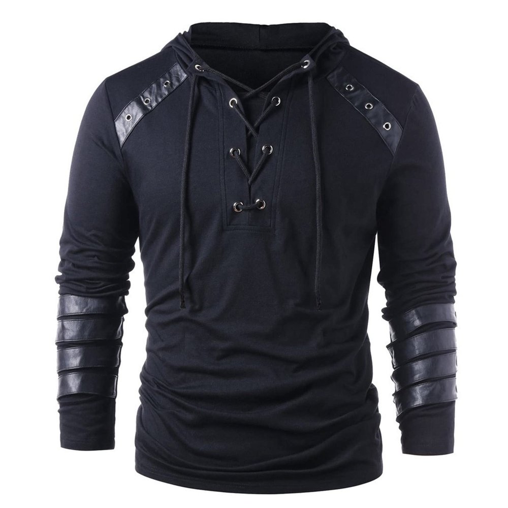 Mens Gothic Steampunk Shirts Sweatshirt Long Sleeve Lace up Hoodies Leather Patchwork Vintage Novelty Hooded Pullover Tee Top Black