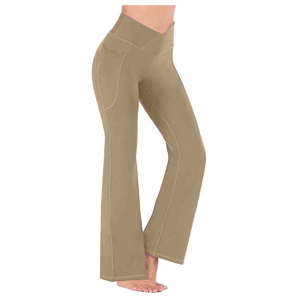 XUNRYAN Leggings for Women Bootcut Yoga Pants High Waisted Flare Leggings Palazzo Work Athletic Workout Yoga Pants w Pocket Khaki