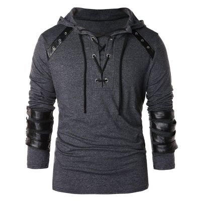 Mens Gothic Steampunk Shirts Sweatshirt Long Sleeve Lace up Hoodies Leather Patchwork Vintage Novelty Hooded Pullover Tee Top Dark Gray