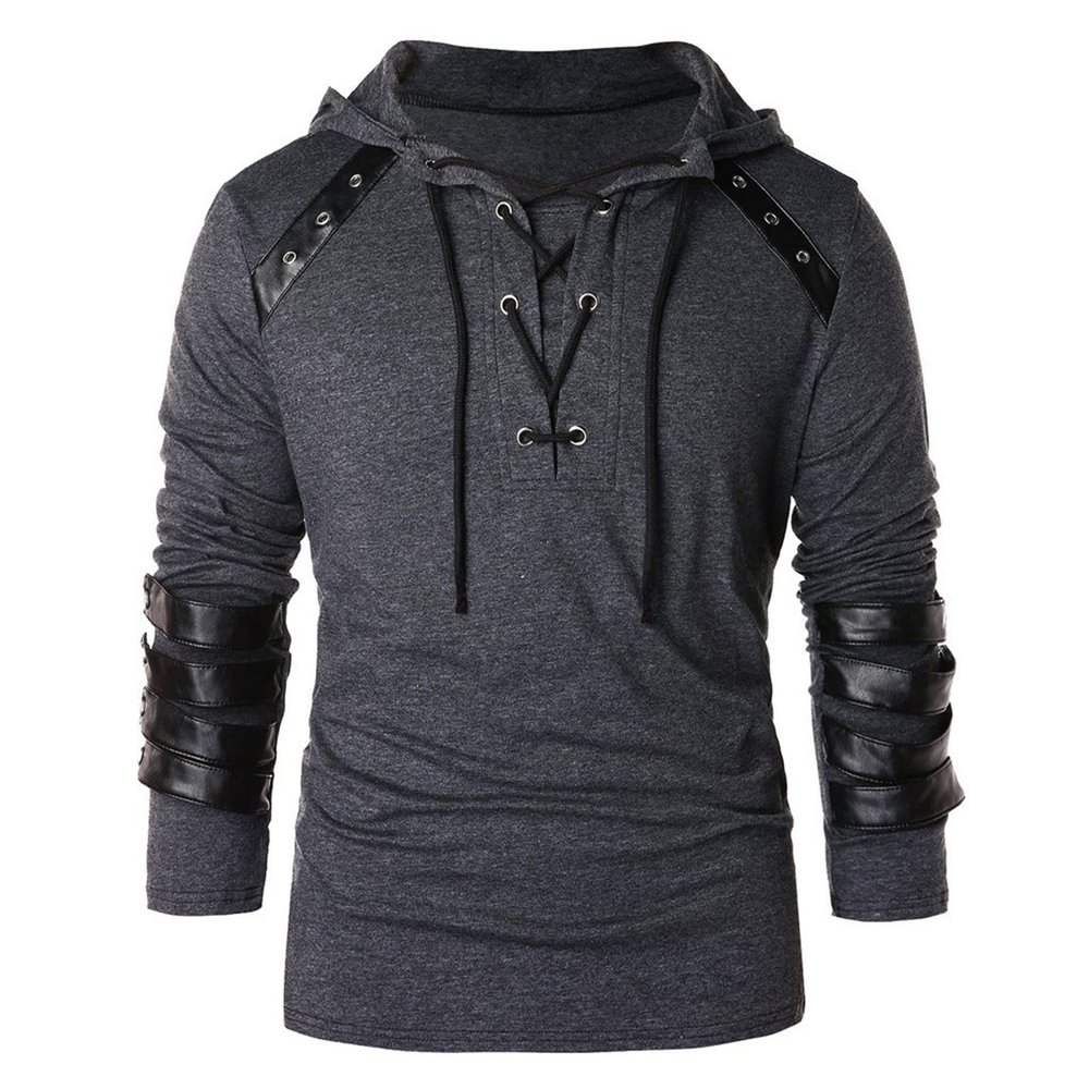 Mens Gothic Steampunk Shirts Sweatshirt Long Sleeve Lace up Hoodies Leather Patchwork Vintage Novelty Hooded Pullover Tee Top Dark Gray