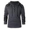 Mens Gothic Steampunk Shirts Sweatshirt Long Sleeve Lace up Hoodies Leather Patchwork Vintage Novelty Hooded Pullover Tee Top Dark Gray view 1