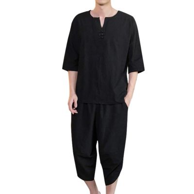 Mens 2 Pieces Big and Tall Summer Cotton Linen Set Short Sleeve Henley Shirt and Casual 3/4 Shorts Yoga Outfits with Pockets Black