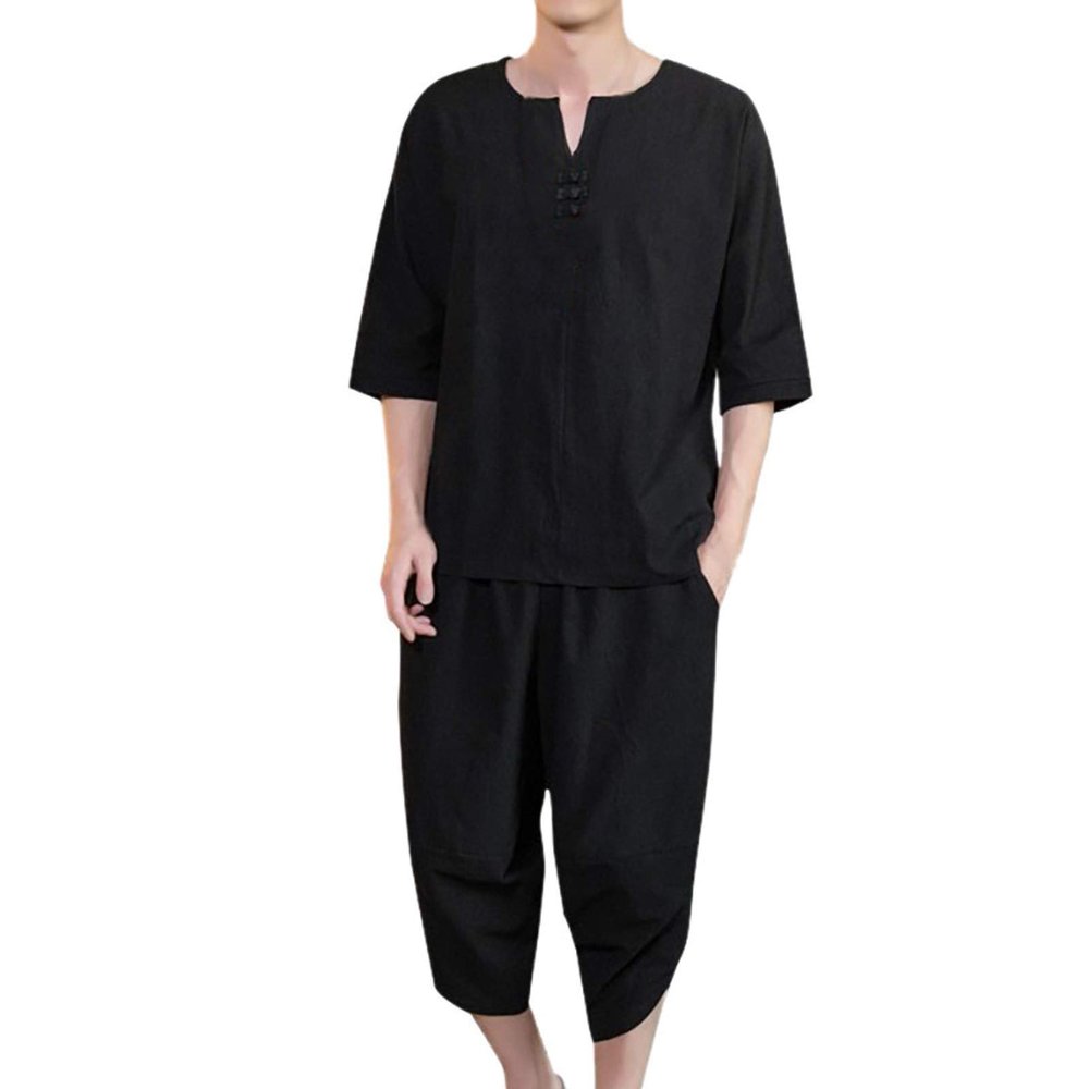 Mens 2 Pieces Big and Tall Summer Cotton Linen Set Short Sleeve Henley Shirt and Casual 3/4 Shorts Yoga Outfits with Pockets Black