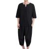 Mens 2 Pieces Big and Tall Summer Cotton Linen Set Short Sleeve Henley Shirt and Casual 3/4 Shorts Yoga Outfits with Pockets Black view 1
