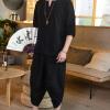 Mens 2 Pieces Big and Tall Summer Cotton Linen Set Short Sleeve Henley Shirt and Casual 3/4 Shorts Yoga Outfits with Pockets Black view 2