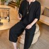 Mens 2 Pieces Big and Tall Summer Cotton Linen Set Short Sleeve Henley Shirt and Casual 3/4 Shorts Yoga Outfits with Pockets Black view 3