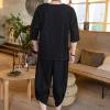 Mens 2 Pieces Big and Tall Summer Cotton Linen Set Short Sleeve Henley Shirt and Casual 3/4 Shorts Yoga Outfits with Pockets Black view 4