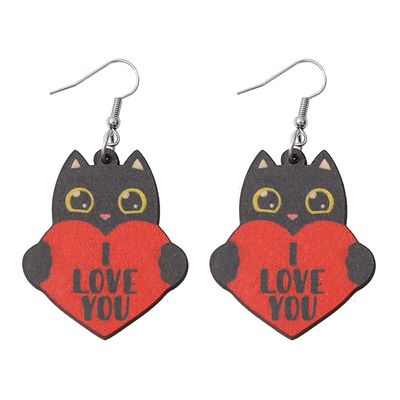 Valentines Day Love Hearts Wooden Drop Earrings Red Pink Heart Shape Cute Cat Double Printed Wood Dangle Earrings for Women