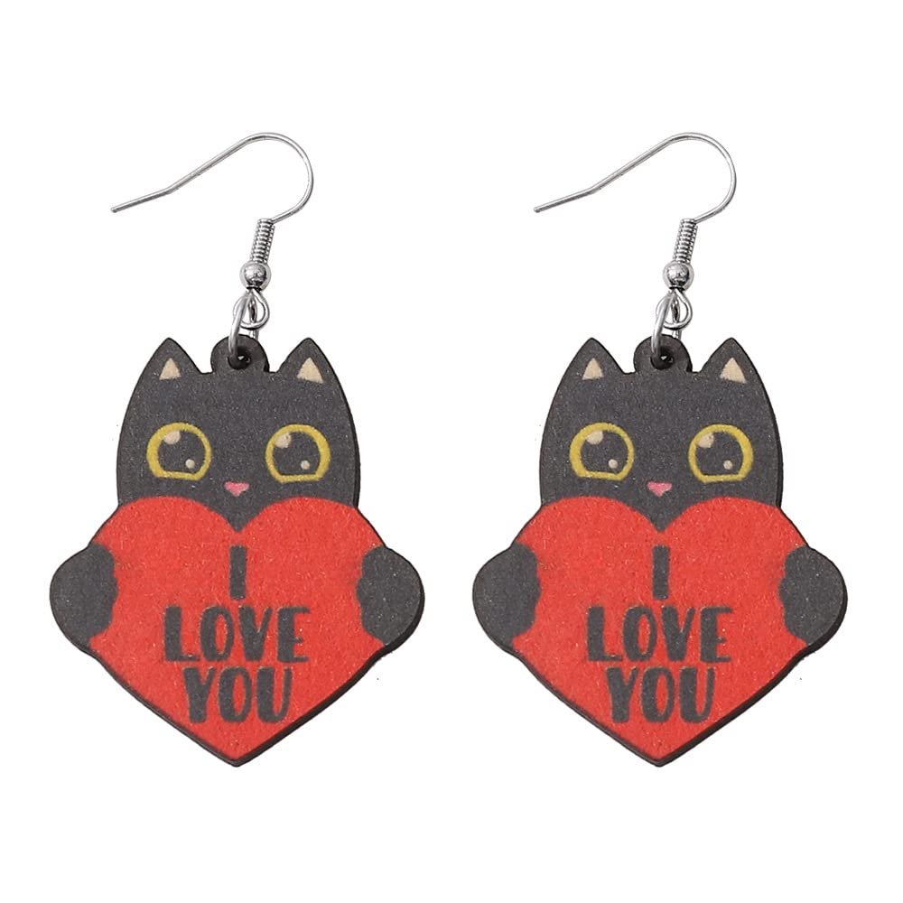 Valentines Day Love Hearts Wooden Drop Earrings Red Pink Heart Shape Cute Cat Double Printed Wood Dangle Earrings for Women