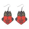 Valentines Day Love Hearts Wooden Drop Earrings Red Pink Heart Shape Cute Cat Double Printed Wood Dangle Earrings for Women view 1