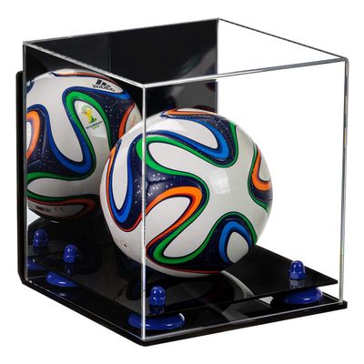 Better Display Cases Acrylic Mini - Miniature (not Full Size) Soccer Ball Display Case with Mirror Case, Dark Blue Risers, Wall Mount and Black Base (B03/A015)