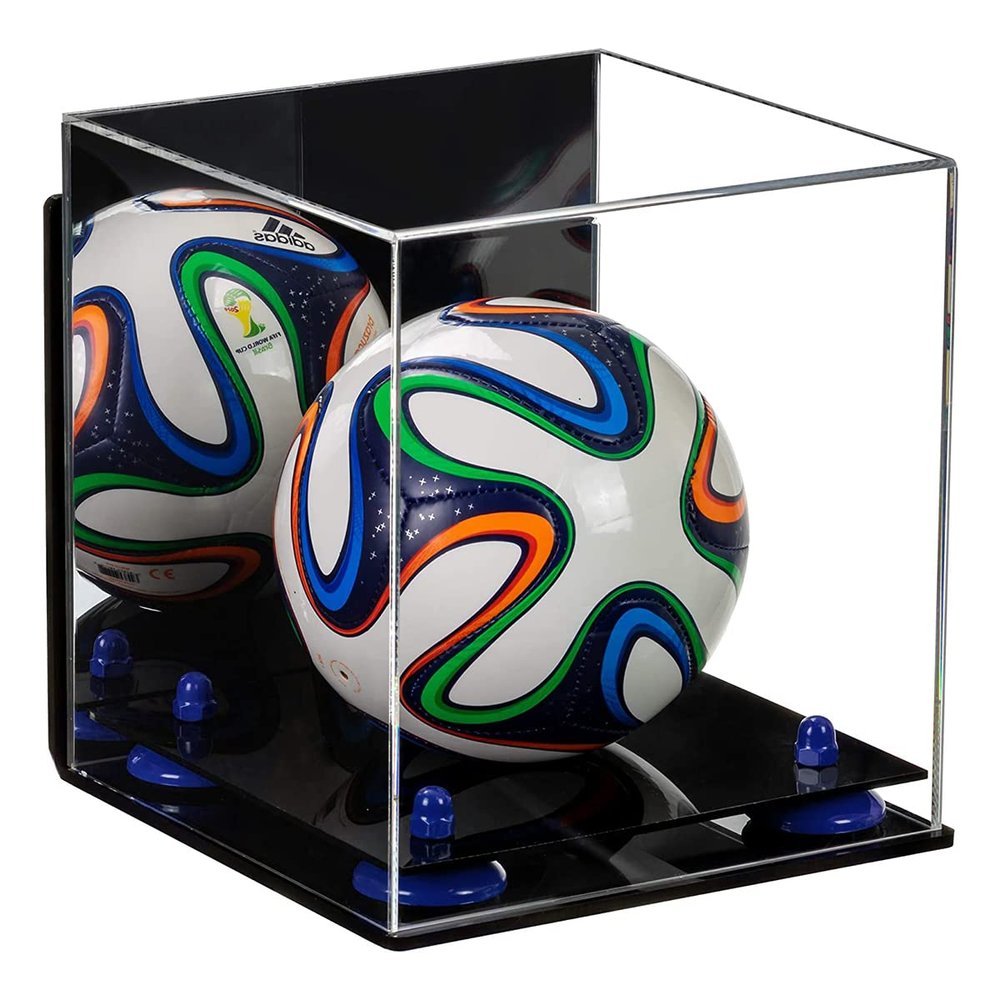 Better Display Cases Acrylic Mini - Miniature (not Full Size) Soccer Ball Display Case with Mirror Case, Dark Blue Risers, Wall Mount and Black Base (B03/A015)