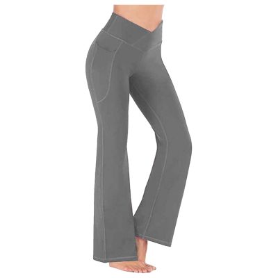 XUNRYAN Leggings for Women Bootcut Yoga Pants High Waisted Flare Leggings Palazzo Work Athletic Workout Yoga Pants w Pocket Gray