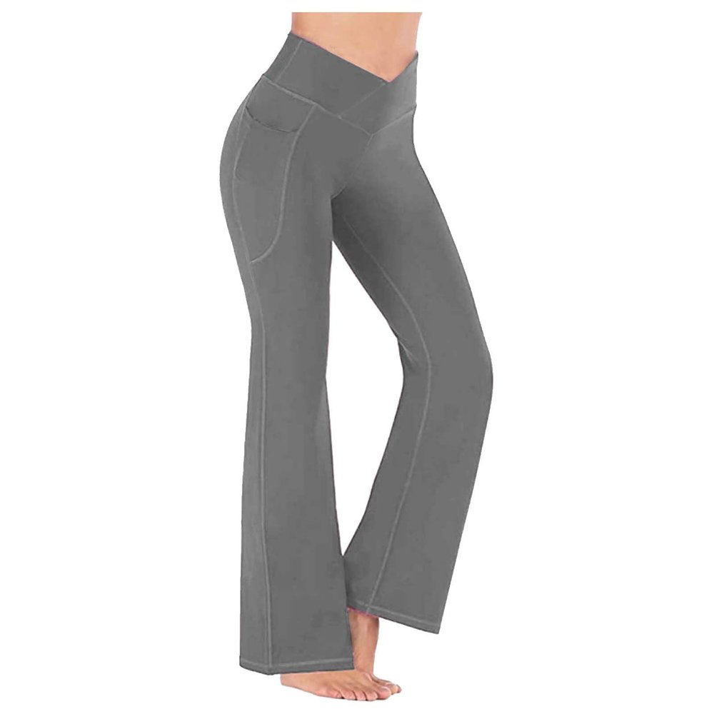 XUNRYAN Leggings for Women Bootcut Yoga Pants High Waisted Flare Leggings Palazzo Work Athletic Workout Yoga Pants w Pocket Gray