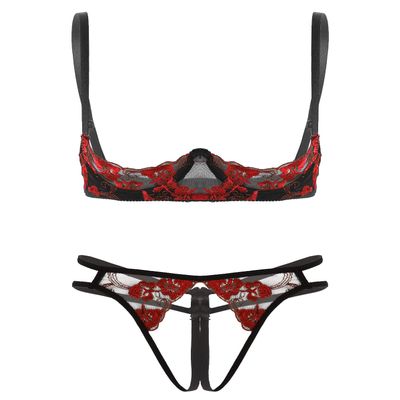 Daenrui Woman's Lace Underwire Push Up 1/4 Cup Shelf Bra Hollow Out Panties Underwear Lingerie Set Red Medium