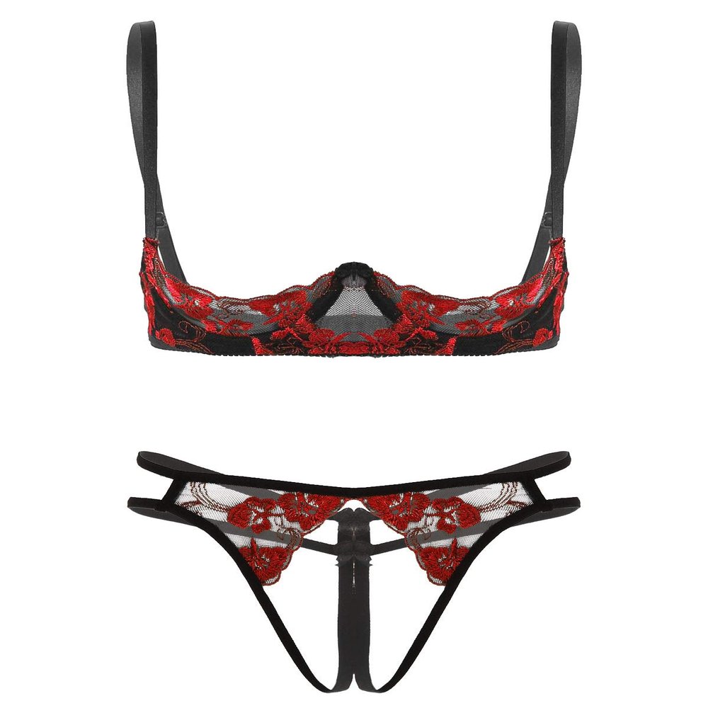 Daenrui Woman's Lace Underwire Push Up 1/4 Cup Shelf Bra Hollow Out Panties Underwear Lingerie Set Red Medium