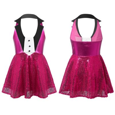 JEATHA Kids Girls Sequins Sleeveless Tuxedo Halter Tutu Dress Shiny Metallic Latin Jazz Modern Dance Costume Rose 12 Years