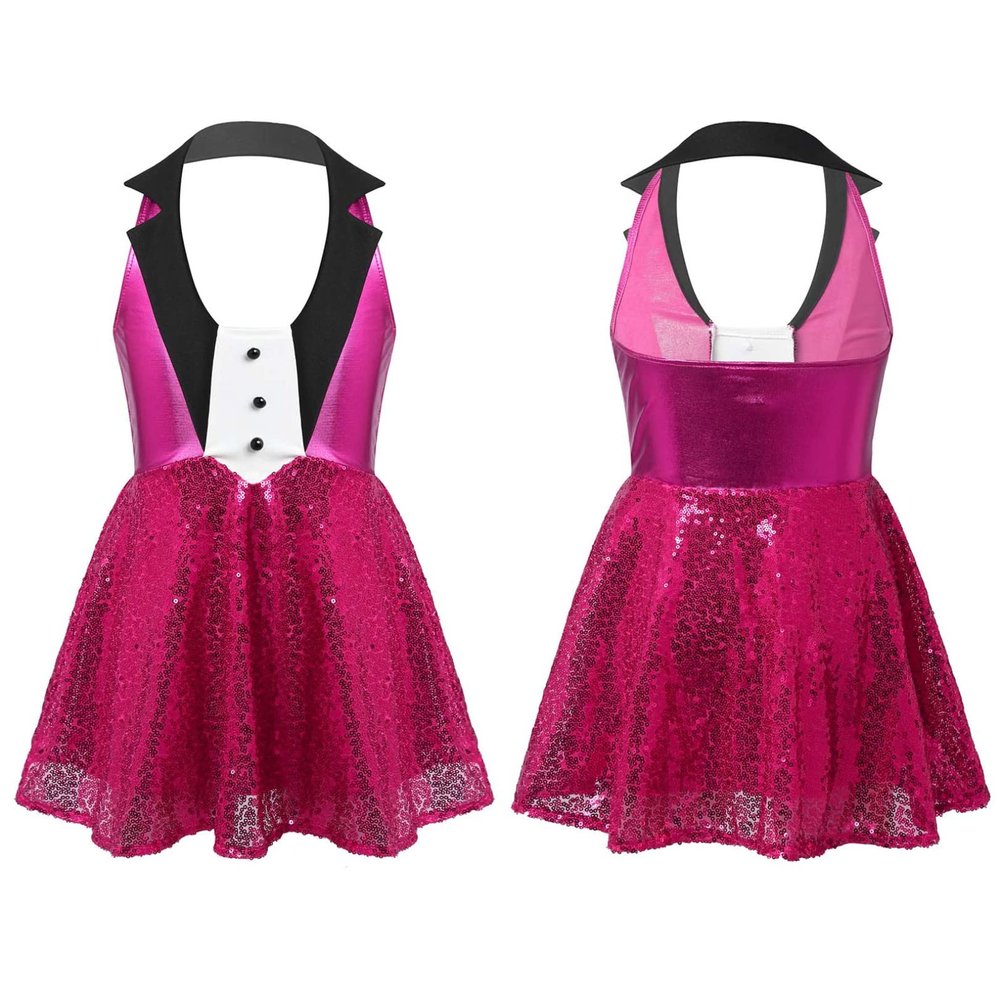 JEATHA Kids Girls Sequins Sleeveless Tuxedo Halter Tutu Dress Shiny Metallic Latin Jazz Modern Dance Costume Rose 12 Years