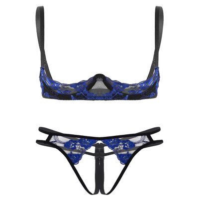 Daenrui Woman's Lace Underwire Push Up 1/4 Cup Shelf Bra Hollow Out Panties Underwear Lingerie Set Blue Medium