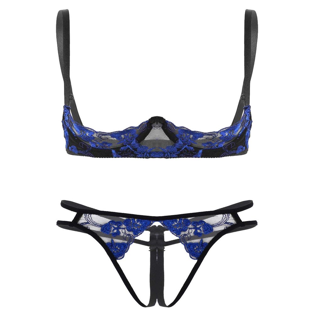 Daenrui Woman's Lace Underwire Push Up 1/4 Cup Shelf Bra Hollow Out Panties Underwear Lingerie Set Blue Medium