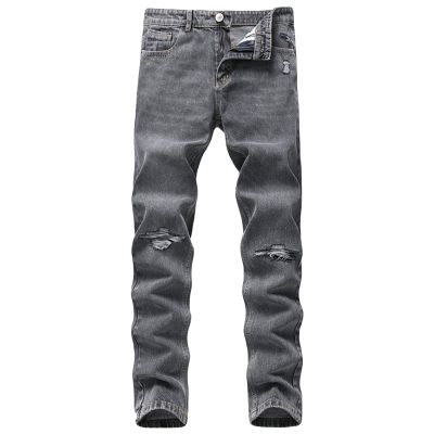 JEsilunmaMY Men's Knee Ripped Denim Pants Mid Waist Distressed Casual Straight Leg Jeans Washed Stretchy Skinny Jean Pants (Grey,28)