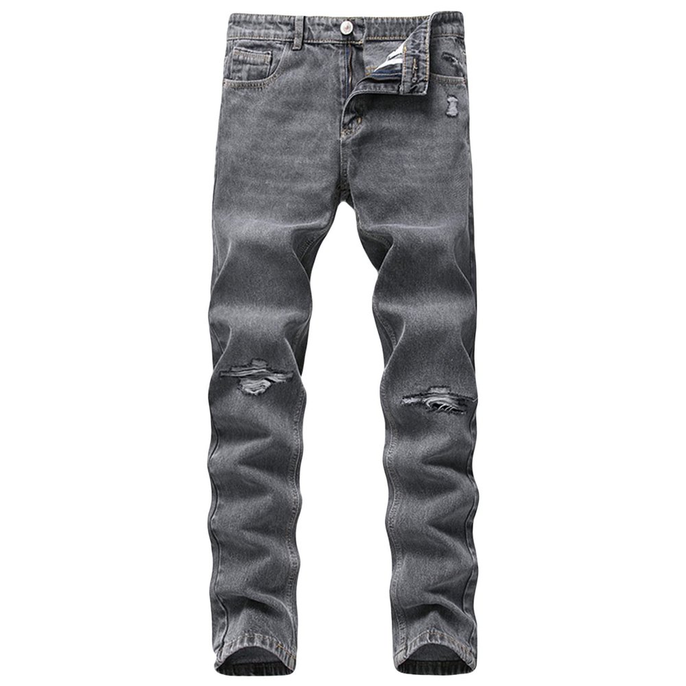 JEsilunmaMY Men's Knee Ripped Denim Pants Mid Waist Distressed Casual Straight Leg Jeans Washed Stretchy Skinny Jean Pants (Grey,28)