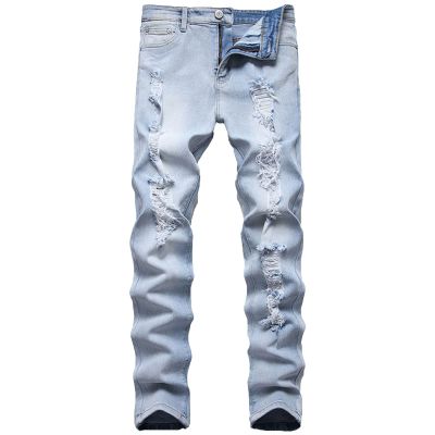 JEsilunmaMY Men's Ripped Biker Jeans Mid Waist Slim Fit Casual Tapered Leg Trousers Distressed Washed Stretchy Denim Pants (Light Blue2,30)