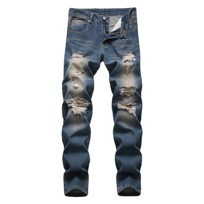 Men's Vintage Ripped Denim Pants Plus Size Casual Loose Straight Leg Jeans Mid Waist Distressed Slimming Jean Pants (Blue,30)