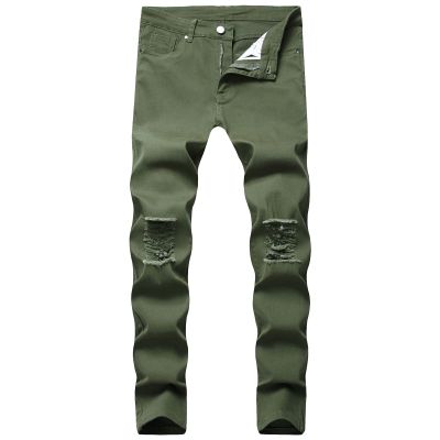 Summer Boyfriend Denim Pants for Men Mid Waist Stretch Ripped Hole Skinny Jeans Solid Color Slim Fit Pencil Jeans (ArmyGreen,42)