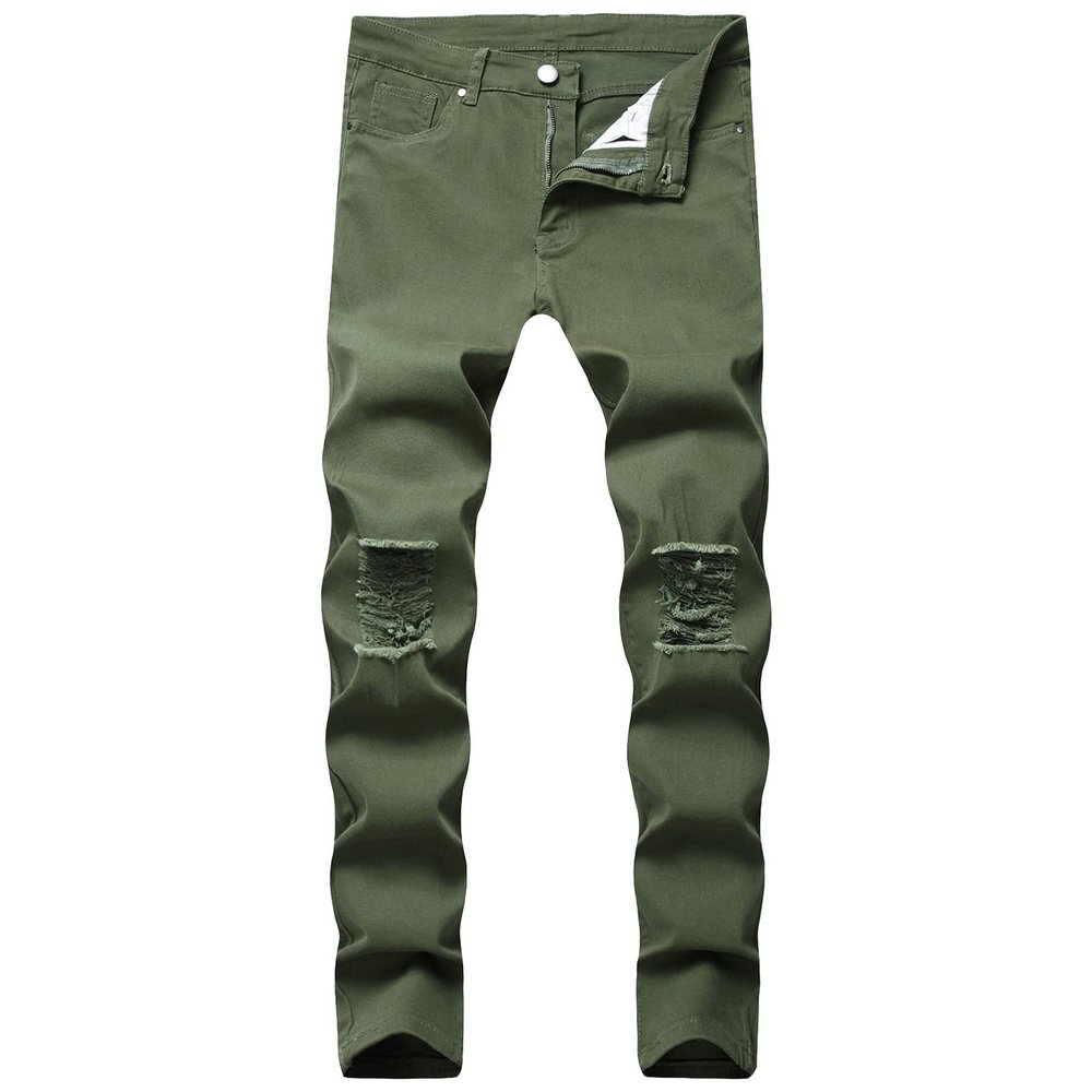 Summer Boyfriend Denim Pants for Men Mid Waist Stretch Ripped Hole Skinny Jeans Solid Color Slim Fit Pencil Jeans (ArmyGreen,42)
