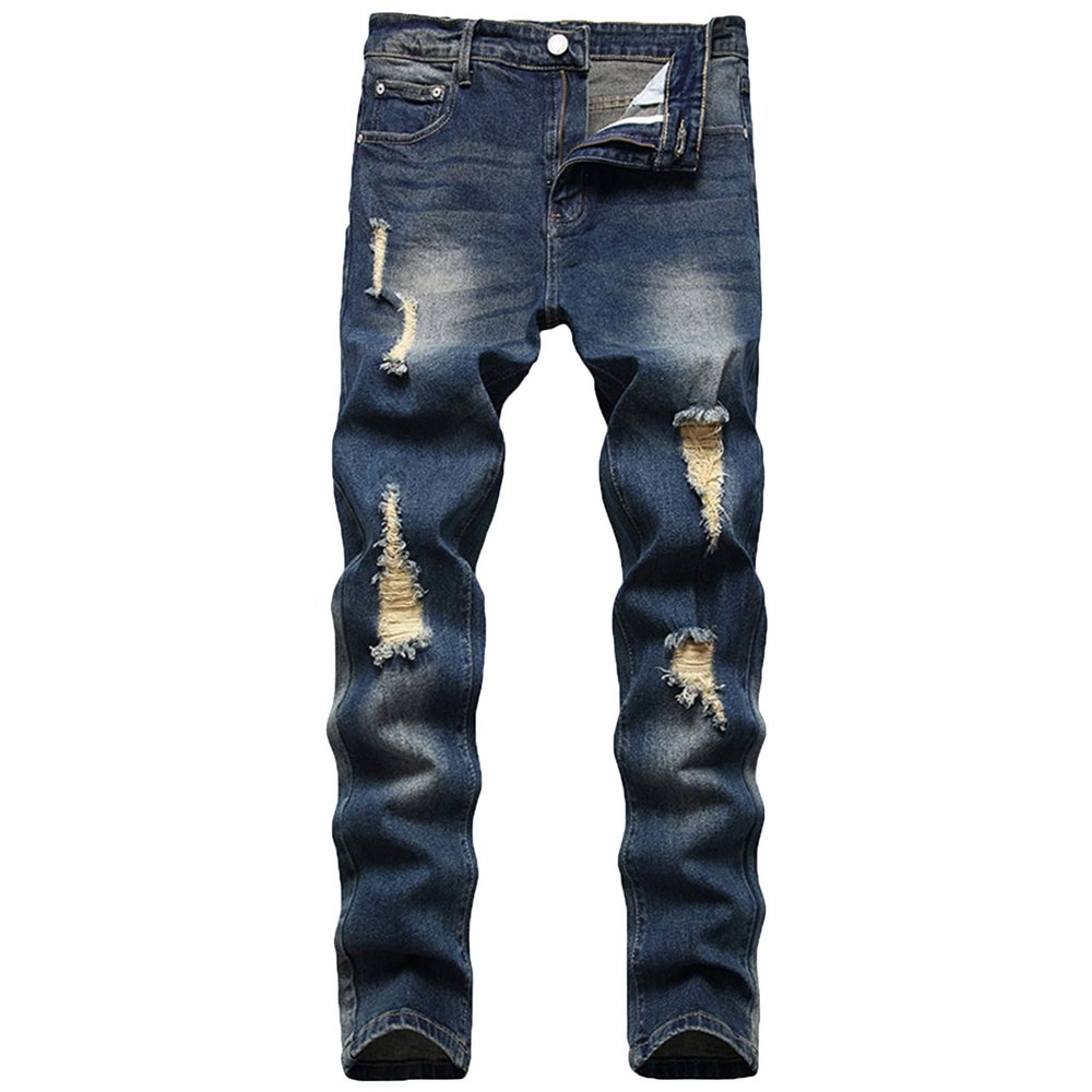 JEsilunmaMY Men's Ripped Biker Jeans Mid Waist Slim Fit Casual Tapered Leg Trousers Distressed Washed Stretchy Denim Pants (Dark Blue,29)