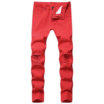 Summer Boyfriend Denim Pants for Men Mid Waist Stretch Ripped Hole Skinny Jeans Solid Color Slim Fit Pencil Jeans (Red,40)
