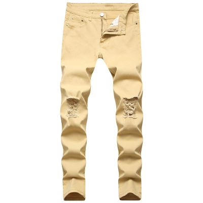 JEsilunmaMY Summer Boyfriend Denim Pants for Men Mid Waist Stretch Ripped Hole Skinny Jeans Solid Color Slim Fit Pencil Jeans (Khaki,28)