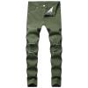 Summer Boyfriend Denim Pants for Men Mid Waist Stretch Ripped Hole Skinny Jeans Solid Color Slim Fit Pencil Jeans (ArmyGreen,34) view 1