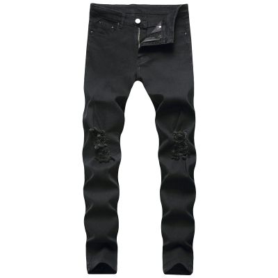 JEsilunmaMY Men's Mid Waist Denim Pants Distressed Stretch Ripped Skinny Jeans Slim Fit High Street Pencil Jeans Pants (Black,32)