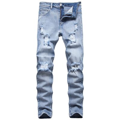 JEsilunmaMY Men's Ripped Biker Jeans Mid Waist Slim Fit Casual Tapered Leg Trousers Distressed Washed Stretchy Denim Pants (Light Blue1,38)