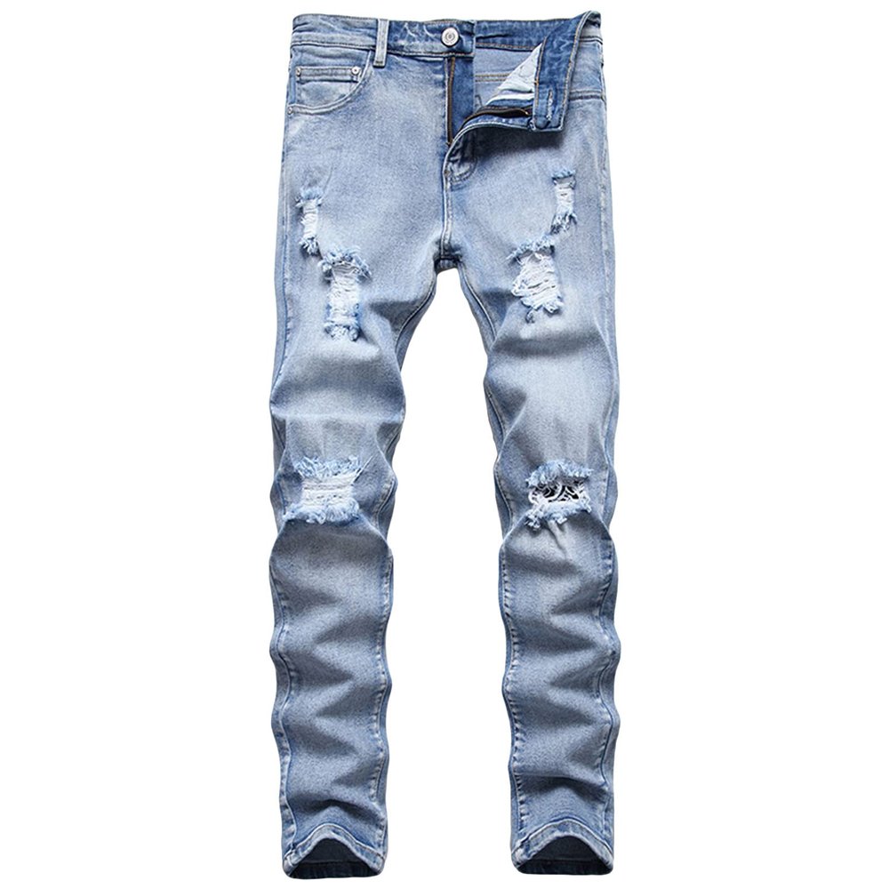 JEsilunmaMY Men's Ripped Biker Jeans Mid Waist Slim Fit Casual Tapered Leg Trousers Distressed Washed Stretchy Denim Pants (Light Blue1,38)