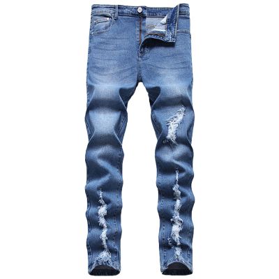JEsilunmaMY Men's Ripped Biker Jeans Mid Waist Slim Fit Casual Tapered Leg Trousers Distressed Washed Stretchy Denim Pants (Blue,32)