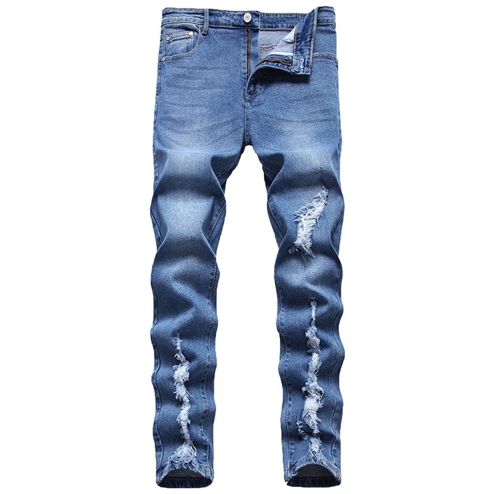 JEsilunmaMY Men's Ripped Biker Jeans Mid Waist Slim Fit Casual Tapered Leg Trousers Distressed Washed Stretchy Denim Pants (Blue,32)