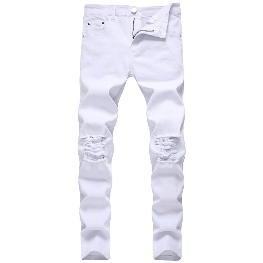 JEsilunmaMY Men's Mid Waist Denim Pants Distressed Stretch Ripped Skinny Jeans Slim Fit High Street Pencil Jeans Pants (White,31)