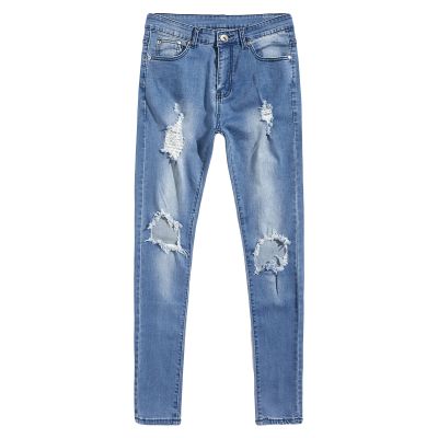JEsilunmaMY Men's Destroyed Ripped Denim Pants Low Waist Washed Skinny Jeans Pants with Hole Distressed Slimming Pencil Jeans (Light Blue,38)