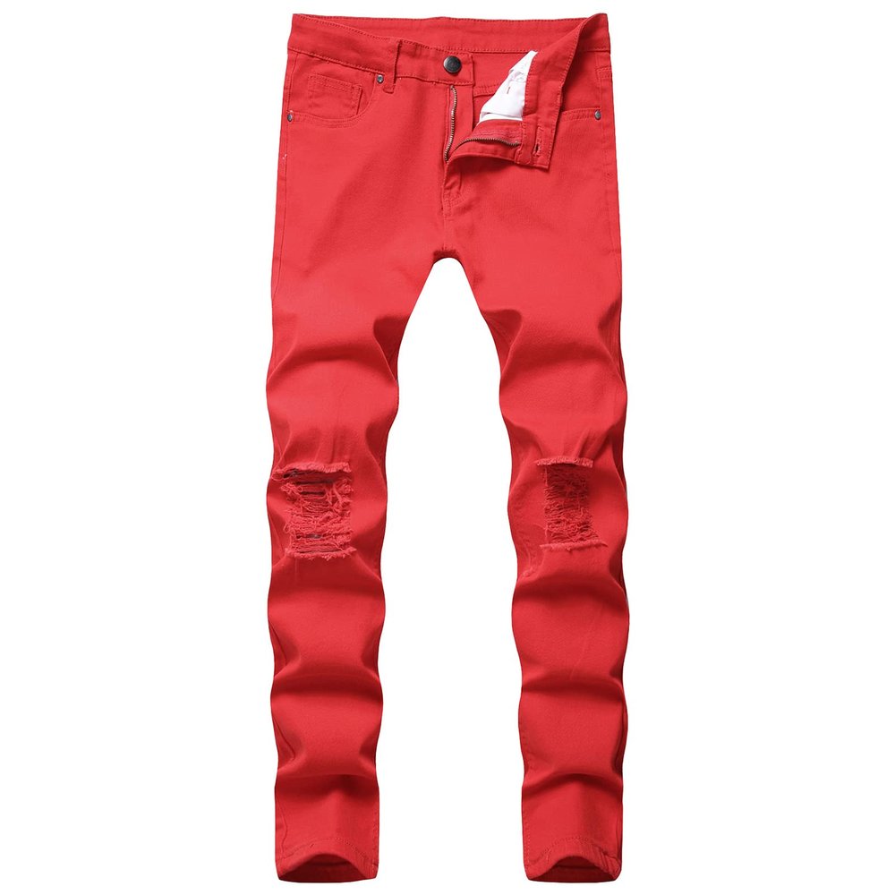Summer Boyfriend Denim Pants for Men Mid Waist Stretch Ripped Hole Skinny Jeans Solid Color Slim Fit Pencil Jeans (Red,34)