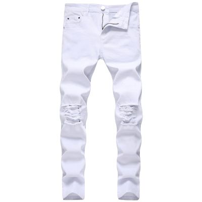JEsilunmaMY Men's Mid Waist Denim Pants Distressed Stretch Ripped Skinny Jeans Slim Fit High Street Pencil Jeans Pants (White,40)
