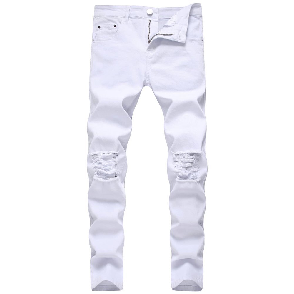 JEsilunmaMY Men's Mid Waist Denim Pants Distressed Stretch Ripped Skinny Jeans Slim Fit High Street Pencil Jeans Pants (White,40)