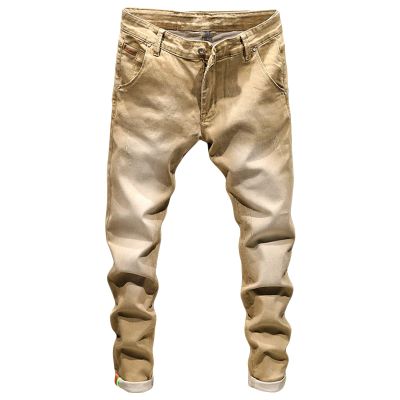 JEsilunmaMY Men's Distressed Tapered Jeans Mid Waist Slim Fit Stretch Denim Pants Casual Washed Pencil Jeans with Pockets (Khaki,36)