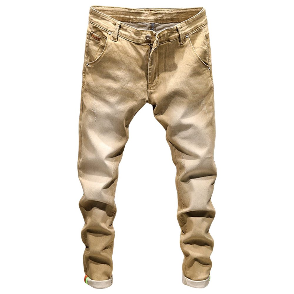 JEsilunmaMY Men's Distressed Tapered Jeans Mid Waist Slim Fit Stretch Denim Pants Casual Washed Pencil Jeans with Pockets (Khaki,36)