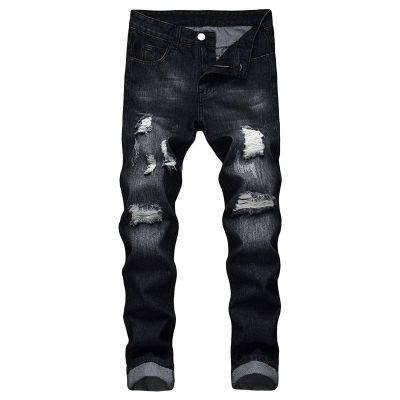 JEsilunmaMY Ripped Denim Pants for Men Mid Waist Washed Distressed Straight Leg Jeans Slim Fit Casual Stretch Jeans Pants (Black,36)