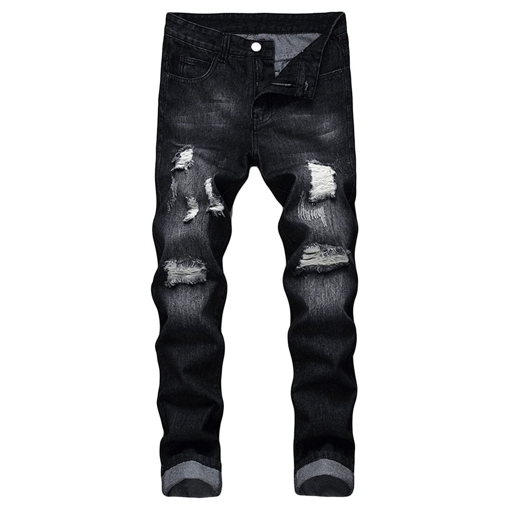 JEsilunmaMY Ripped Denim Pants for Men Mid Waist Washed Distressed Straight Leg Jeans Slim Fit Casual Stretch Jeans Pants (Black,36)