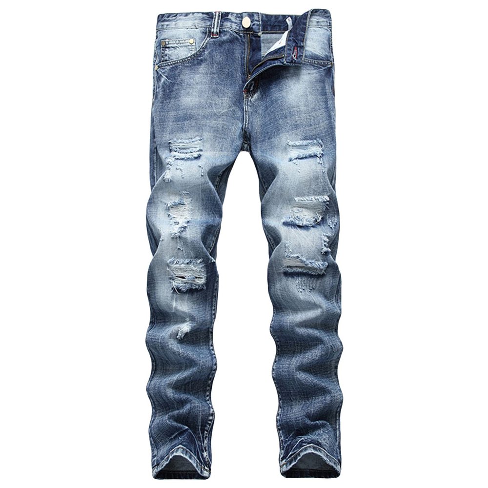 JEsilunmaMY Men's Ripped Straight Leg Jeans Mid Waist Slim Fit Casual Denim Pants Washed Distressed Destroyed Jeans with Hole (Blue1,40)