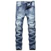 JEsilunmaMY Men's Ripped Straight Leg Jeans Mid Waist Slim Fit Casual Denim Pants Washed Distressed Destroyed Jeans with Hole (Blue1,40) view 1